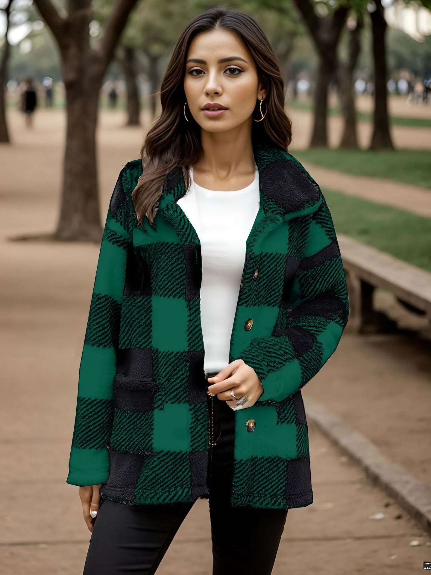 Women's Long Sleeve Plaid Button Loose Jacket With Pockets